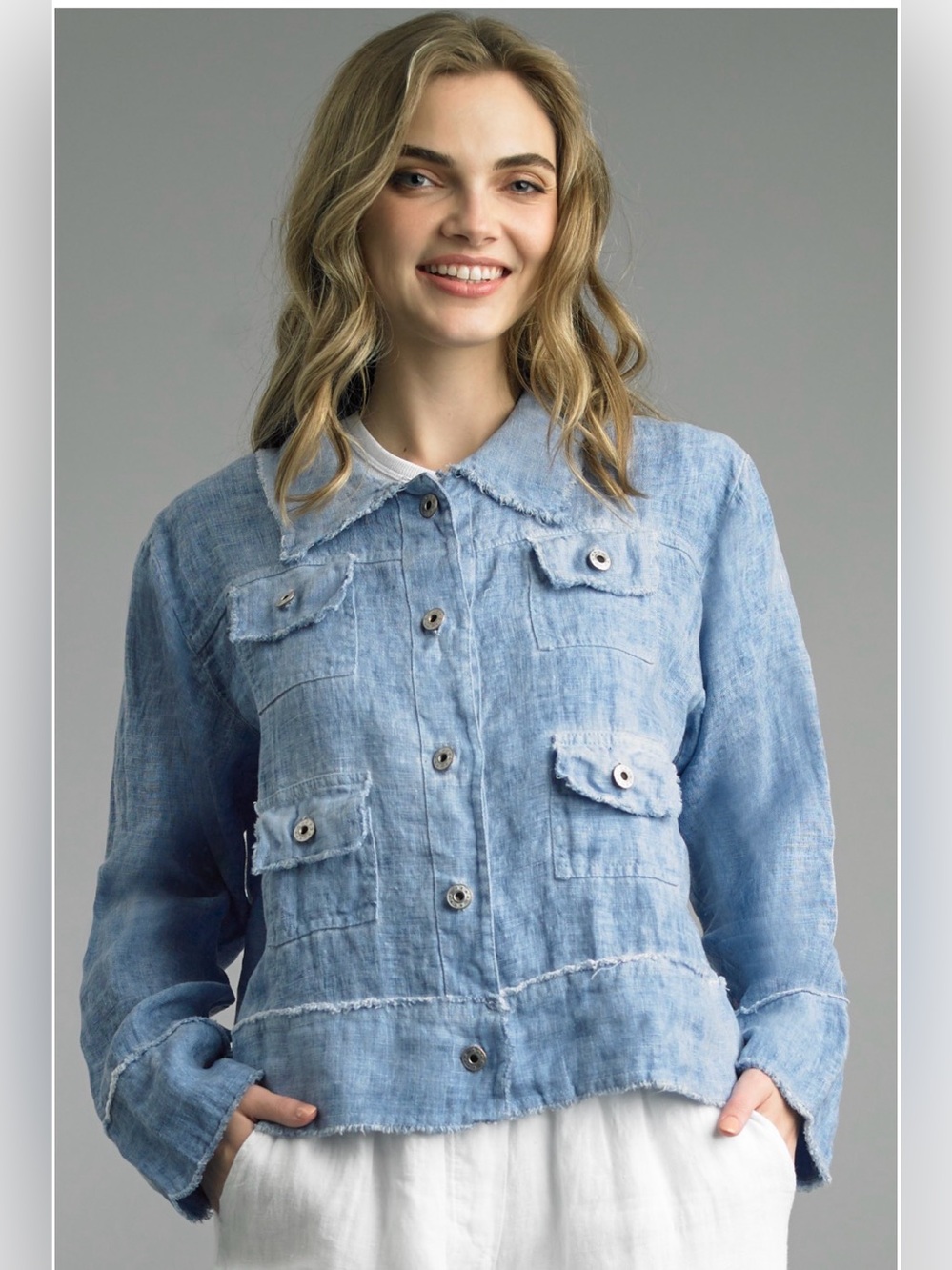 Tempo Paris Light Blue Linen Button-Front Jacket